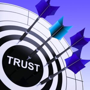 Image of dartboard with Trust in the center with blue arrows